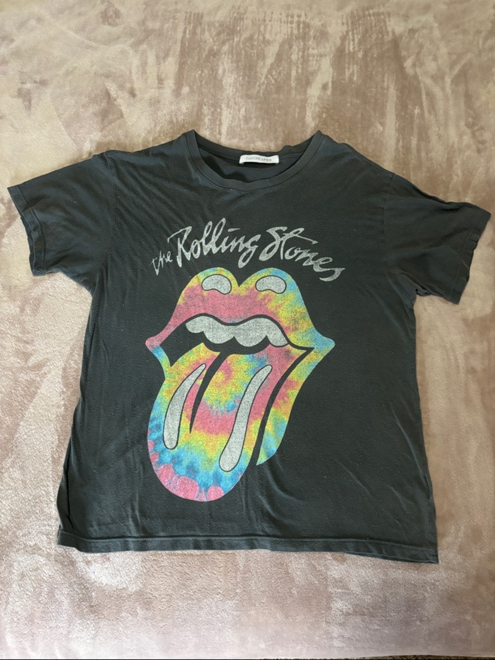 the Rolling Stones Black Kids Tee with Multicolor Tie-Dye Tongue